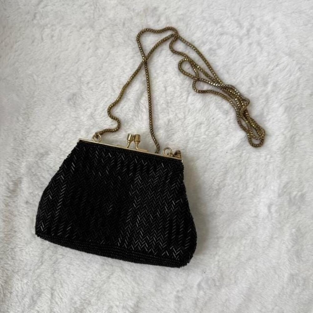 Vintage Art Deco Style Beaded Evening Bag – Herringbone Pattern – Black Coin Pur